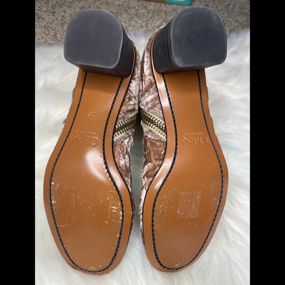 Chloe Lexie Tan Rose Crushed Velvet Angle Zip Mid Calf Boots/Booties 37 EU - Picture 11 of 12